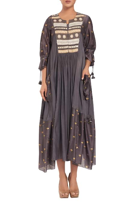 Rriso Grey Chanderi Silk Hand Embroidered Dress With Slip