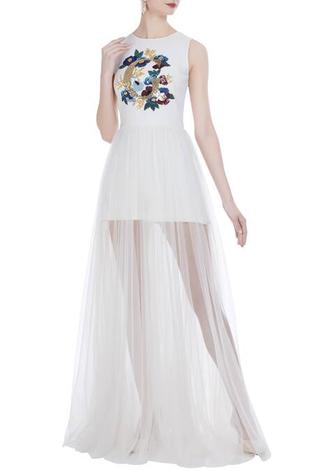 Buy White Round Embroidered Playsuit For Women by Gauri Nainika