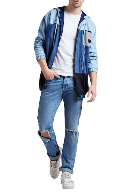 Doodlage Blue Denim Panel Style Hoodie Jacket