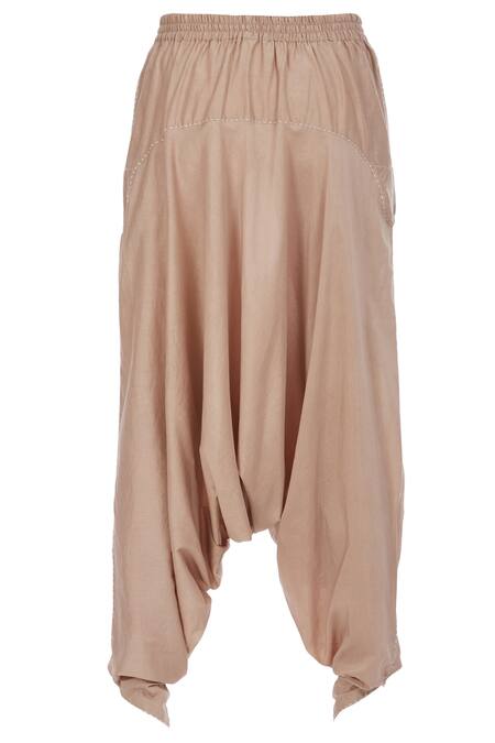 Shop S. W. G. T Beige Cotton Silk Plain Draped Pants at Aza Fashions Shop_S. W. G. T_Beige Cotton Silk Plain Draped Pants_at_Aza_Fashions