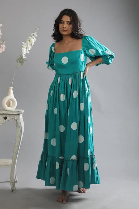 Khat_Green Twill Square Neck Polka Pattern Bishop Sleeve Dress _Online_at_Aza_Fashions