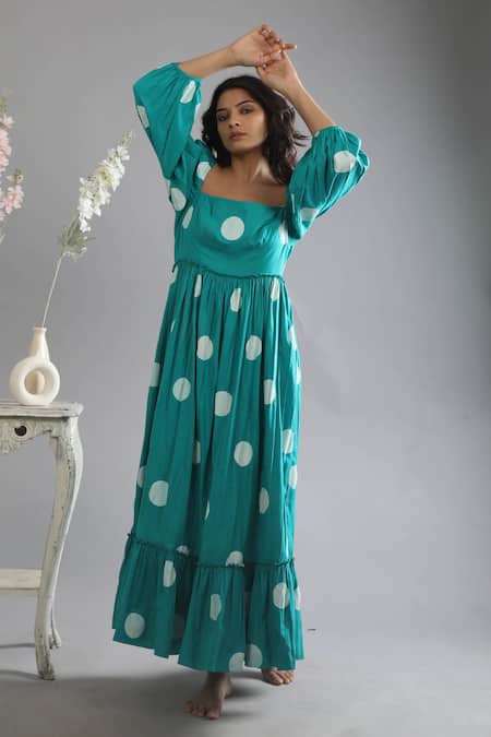 Buy_Khat_Green Twill Square Neck Polka Pattern Bishop Sleeve Dress _Online_at_Aza_Fashions