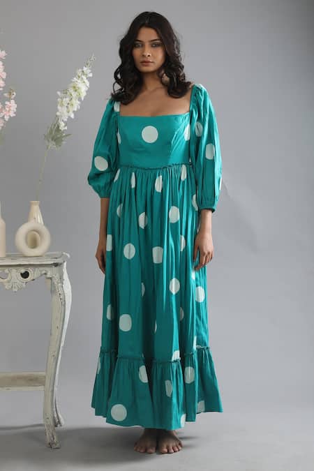 Shop_Khat_Green Twill Square Neck Polka Pattern Bishop Sleeve Dress _Online_at_Aza_Fashions