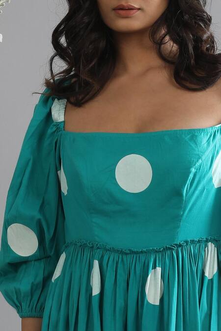 Khat_Green Twill Square Neck Polka Pattern Bishop Sleeve Dress _at_Aza_Fashions