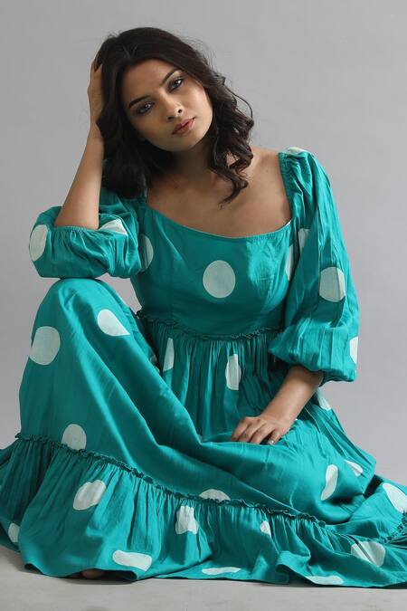 Buy_Khat_Green Twill Square Neck Polka Pattern Bishop Sleeve Dress 