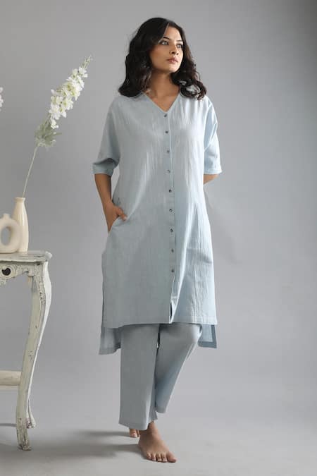 Buy_Khat_Grey Cotton Collared Pocketed Shirt Kurta And Pant Set _Online_at_Aza_Fashions