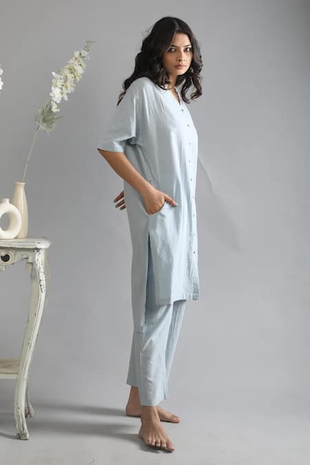 Shop_Khat_Grey Cotton Collared Pocketed Shirt Kurta And Pant Set _Online_at_Aza_Fashions