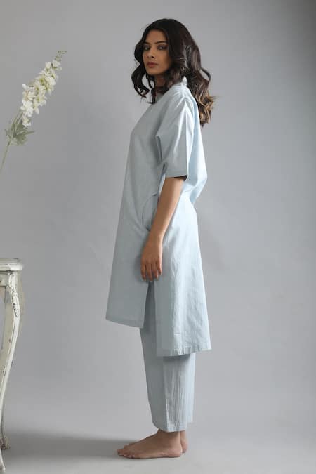 Khat_Grey Cotton Collared Pocketed Shirt Kurta And Pant Set _at_Aza_Fashions