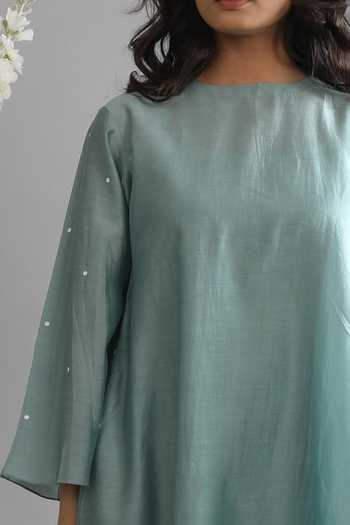 Khat Green Chanderi Silk Tassels Round Neck Kurta And Flared Pant Set Online at Aza Fashions Khat_Green Chanderi Silk Tassels Round Neck Kurta And Flared Pant Set _Online_at_Aza_Fashions