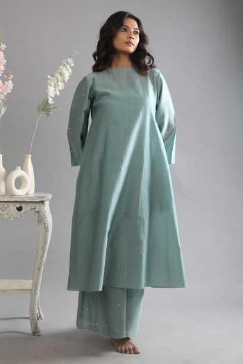 Buy Khat Green Chanderi Silk Tassels Round Neck Kurta And Flared Pant Set Online at Aza Fashions Buy_Khat_Green Chanderi Silk Tassels Round Neck Kurta And Flared Pant Set _Online_at_Aza_Fashions