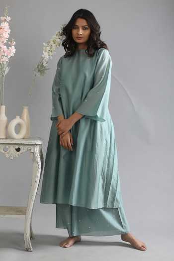 Shop Khat Green Chanderi Silk Tassels Round Neck Kurta And Flared Pant Set Online at Aza Fashions Shop_Khat_Green Chanderi Silk Tassels Round Neck Kurta And Flared Pant Set _Online_at_Aza_Fashions