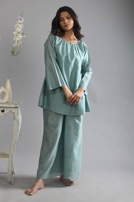 Buy Khat Green Chanderi Silk Round Neck Top And Polka Pattern Pant Set Online at Aza Fashions Buy_Khat_Green Chanderi Silk Round Neck Top And Polka Pattern Pant Set _Online_at_Aza_Fashions