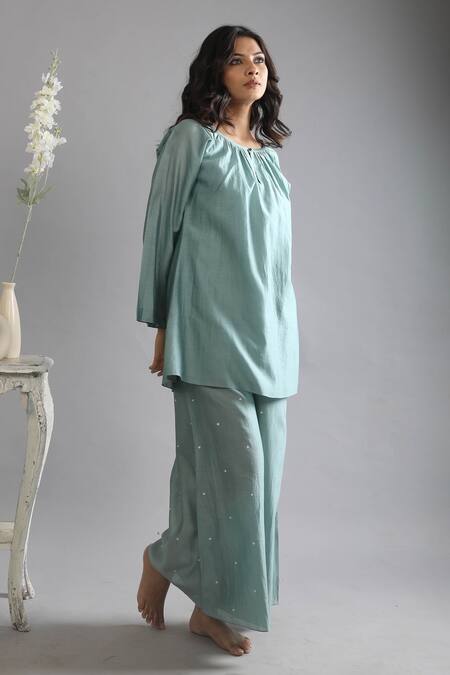 Shop Khat Green Chanderi Silk Round Neck Top And Polka Pattern Pant Set Online at Aza Fashions Shop_Khat_Green Chanderi Silk Round Neck Top And Polka Pattern Pant Set _Online_at_Aza_Fashions