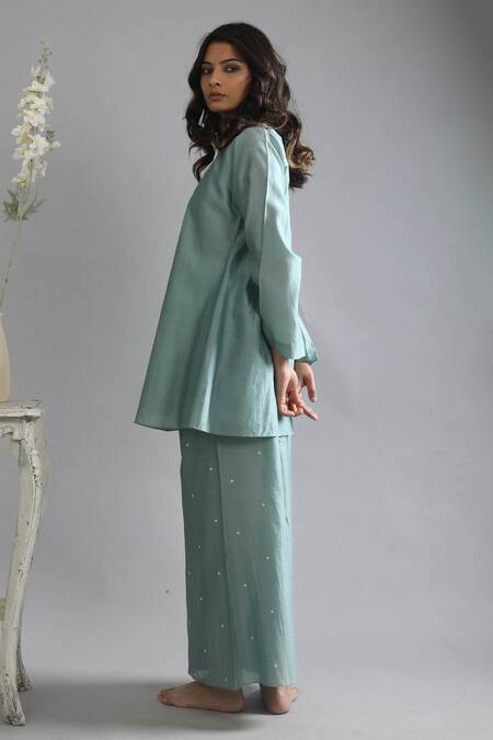 Khat Green Chanderi Silk Round Neck Top And Polka Pattern Pant Set at Aza Fashions Khat_Green Chanderi Silk Round Neck Top And Polka Pattern Pant Set _at_Aza_Fashions