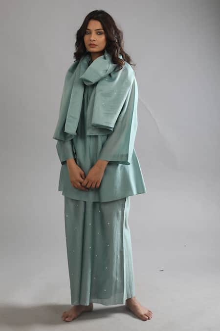 Buy_Khat_Green Chanderi Silk Round Neck Pant Set With Scarf _Online_at_Aza_Fashions