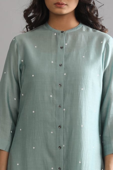 Khat_Green Chanderi Silk Round Neck Polka Pattern Shirt Kurta And Pant Set _Online_at_Aza_Fashions