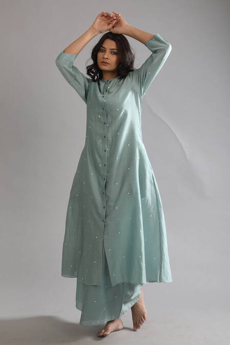 Buy_Khat_Green Chanderi Silk Round Neck Polka Pattern Shirt Kurta And Pant Set _Online_at_Aza_Fashions