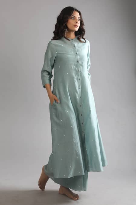 Shop_Khat_Green Chanderi Silk Round Neck Polka Pattern Shirt Kurta And Pant Set _Online_at_Aza_Fashions