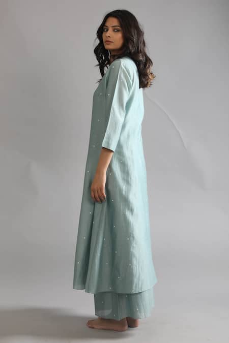 Khat_Green Chanderi Silk Round Neck Polka Pattern Shirt Kurta And Pant Set _at_Aza_Fashions