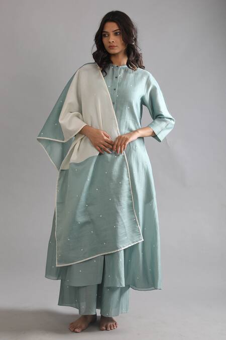 Khat Green Chanderi Silk Embroidery Round Neck Polka Pattern Shirt Kurta Pant Set Online at Aza Fashions Khat_Green Chanderi Silk Embroidery Round Neck Polka Pattern Shirt Kurta Pant Set _Online_at_Aza_Fashions