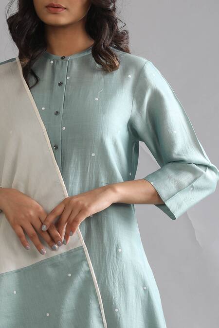 Buy Khat Green Chanderi Silk Embroidery Round Neck Polka Pattern Shirt Kurta Pant Set Online at Aza Fashions Buy_Khat_Green Chanderi Silk Embroidery Round Neck Polka Pattern Shirt Kurta Pant Set _Online_at_Aza_Fashions
