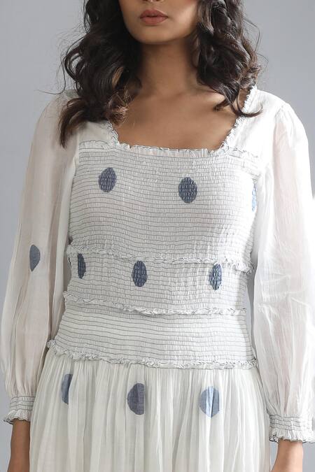 Khat_White Handloom Cotton Square Neck Handwoven Polka Pattern Dress _Online_at_Aza_Fashions