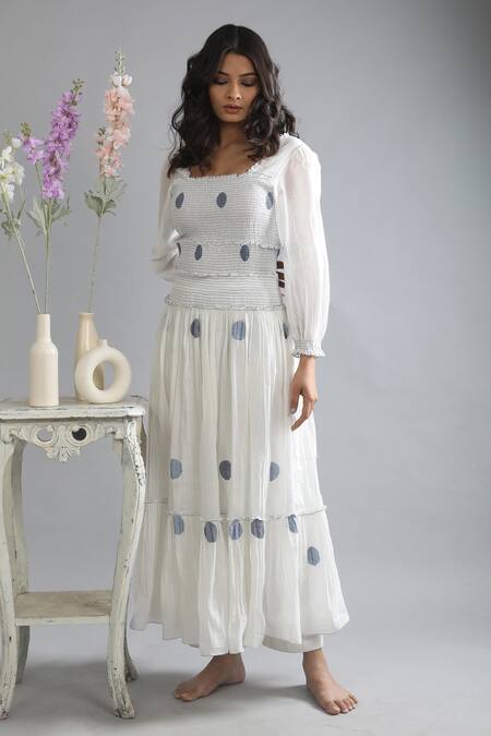 Buy_Khat_White Handloom Cotton Square Neck Handwoven Polka Pattern Dress _Online_at_Aza_Fashions