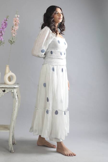 Shop_Khat_White Handloom Cotton Square Neck Handwoven Polka Pattern Dress _Online_at_Aza_Fashions