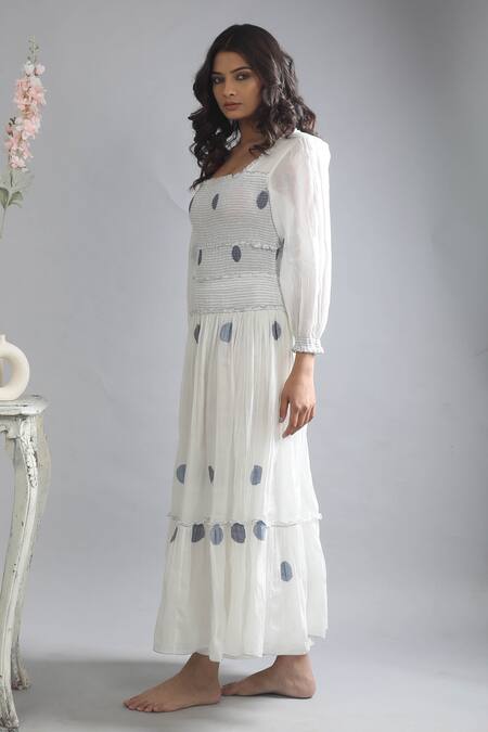 Khat_White Handloom Cotton Square Neck Handwoven Polka Pattern Dress _at_Aza_Fashions
