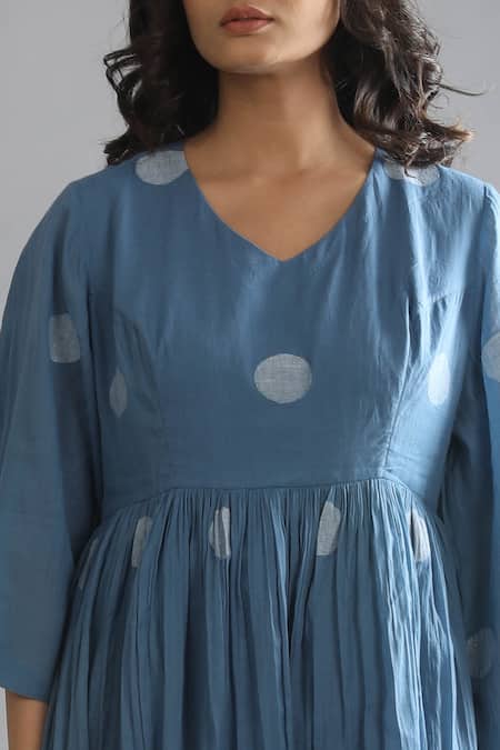 Khat_Blue Handloom , V-neck Handwoven Polka Pattern Tunic And Pant Set _Online_at_Aza_Fashions