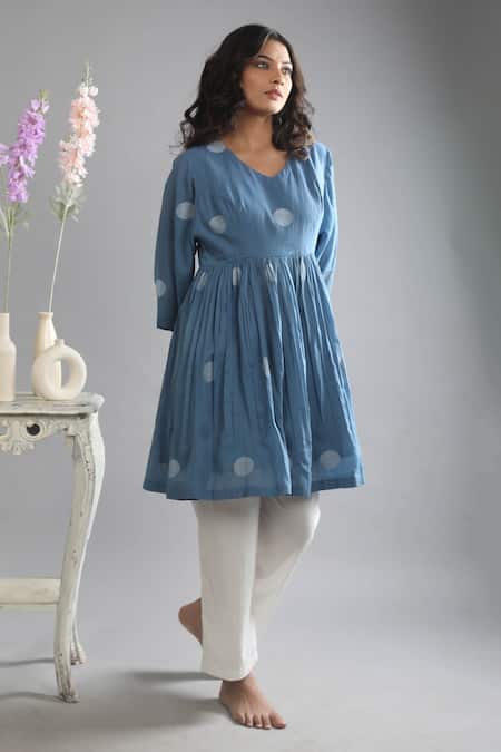 Buy_Khat_Blue Handloom , V-neck Handwoven Polka Pattern Tunic And Pant Set _Online_at_Aza_Fashions
