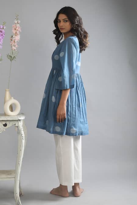 Shop_Khat_Blue Handloom , V-neck Handwoven Polka Pattern Tunic And Pant Set _Online_at_Aza_Fashions