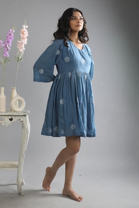 Khat_Blue Handloom , V-neck Handwoven Polka Pattern Tunic And Pant Set _at_Aza_Fashions