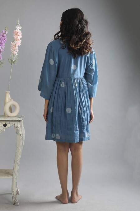 Buy_Khat_Blue Handloom , V-neck Handwoven Polka Pattern Tunic And Pant Set 