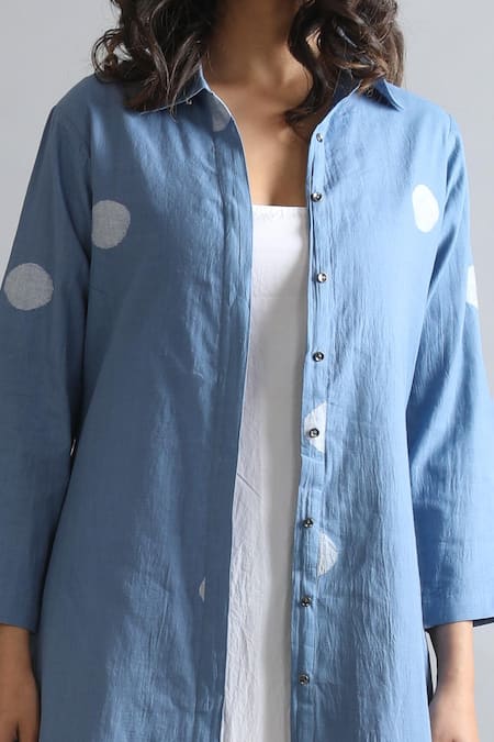 Khat Blue Handloom , Poplin, Polka Pattern Jacket With Frill Dress Online at Aza Fashions Khat_Blue Handloom , Poplin, Polka Pattern Jacket With Frill Dress _Online_at_Aza_Fashions