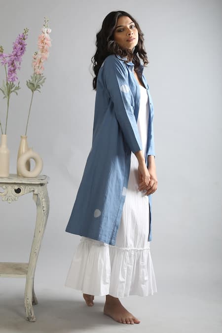 Buy Khat Blue Handloom , Poplin, Polka Pattern Jacket With Frill Dress Online at Aza Fashions Buy_Khat_Blue Handloom , Poplin, Polka Pattern Jacket With Frill Dress _Online_at_Aza_Fashions