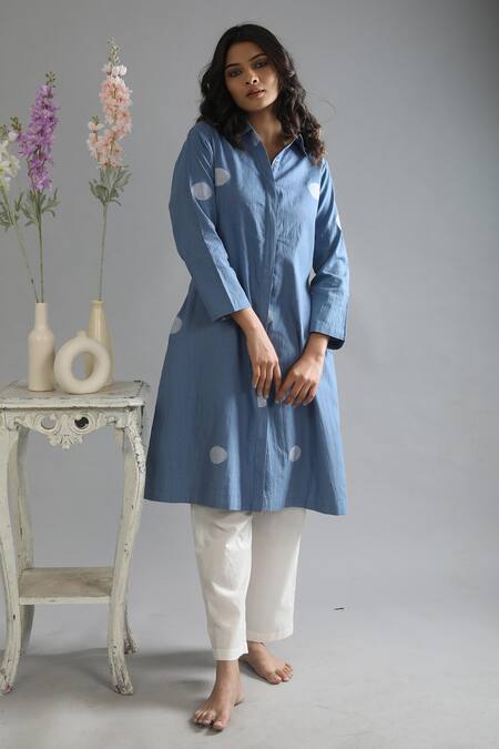 Khat Blue Handloom , Poplin, Polka Pattern Jacket With Frill Dress at Aza Fashions Khat_Blue Handloom , Poplin, Polka Pattern Jacket With Frill Dress _at_Aza_Fashions
