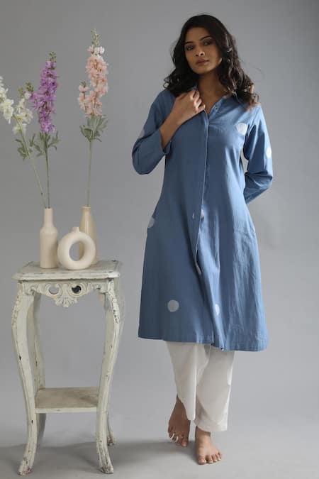 Buy Khat Blue Handloom , Poplin, Polka Pattern Jacket With Frill Dress Buy_Khat_Blue Handloom , Poplin, Polka Pattern Jacket With Frill Dress