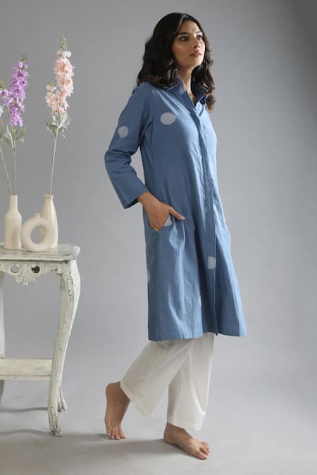 Shop Khat Blue Handloom , Poplin, Polka Pattern Jacket With Frill Dress Shop_Khat_Blue Handloom , Poplin, Polka Pattern Jacket With Frill Dress