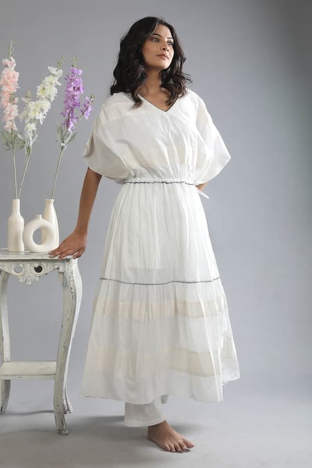 Buy_Khat_White Cotton, Muslin V-neck Striped Pattern And Tiered Kaftan _Online_at_Aza_Fashions