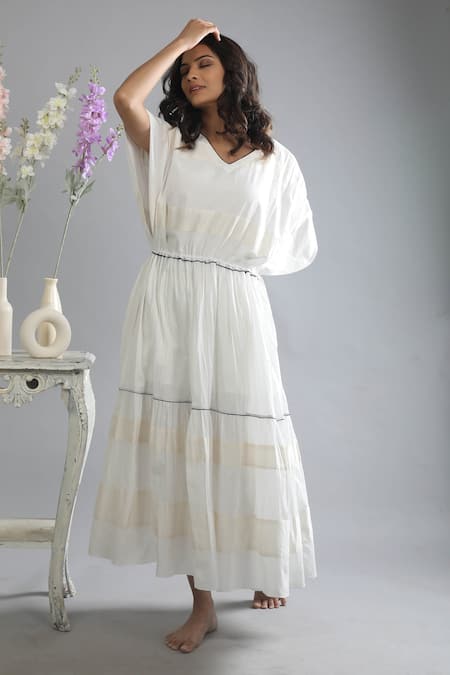 Shop_Khat_White Cotton, Muslin V-neck Striped Pattern And Tiered Kaftan _Online_at_Aza_Fashions