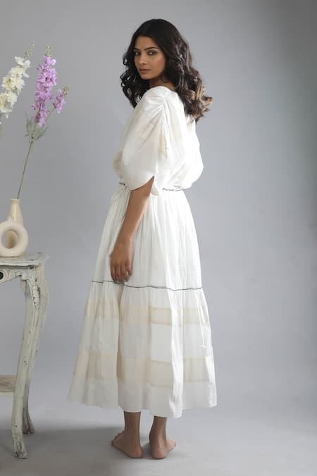Khat_White Cotton, Muslin V-neck Striped Pattern And Tiered Kaftan _at_Aza_Fashions