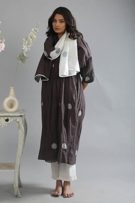 Shop_Khat_Brown Handloom Cotton Embroidery Handwoven Polka Pattern Kurta Set With Scarf _Online_at_Aza_Fashions