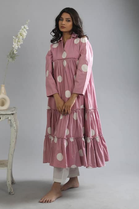 KHAT Pink Poplin Cotton Polka Pattern V Neck Collar Tiered Kurta And Pant Set  