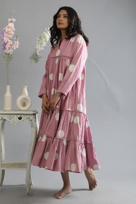 Khat_Pink Poplin, Cotton V-neck Polka Pattern Tiered Kurta And Pant Set _at_Aza_Fashions