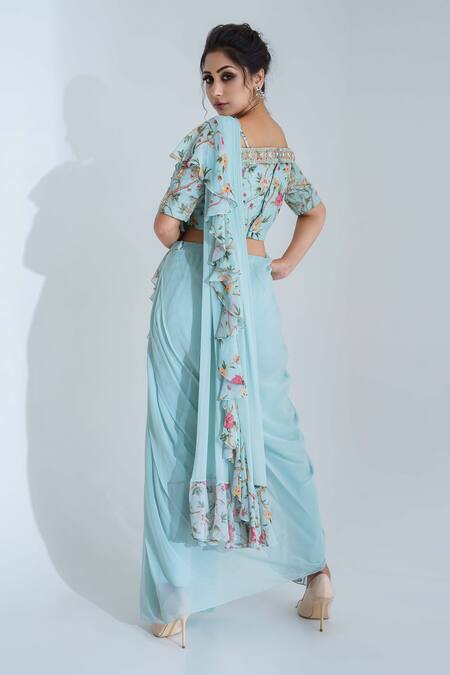 Shop Suruchi Parakh Blue Georgette Lining Shantoon Cutdana, Floral Print, Pre-draped Saree Set at Aza Fashions Shop_Suruchi Parakh_Blue Georgette Lining Shantoon Cutdana, Floral Print, Pre-draped Saree Set_at_Aza_Fashions