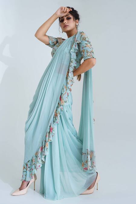 Suruchi Parakh Blue Georgette Lining Shantoon Cutdana, Floral Print, Pre-draped Saree Set Online at Aza Fashions Suruchi Parakh_Blue Georgette Lining Shantoon Cutdana, Floral Print, Pre-draped Saree Set_Online_at_Aza_Fashions
