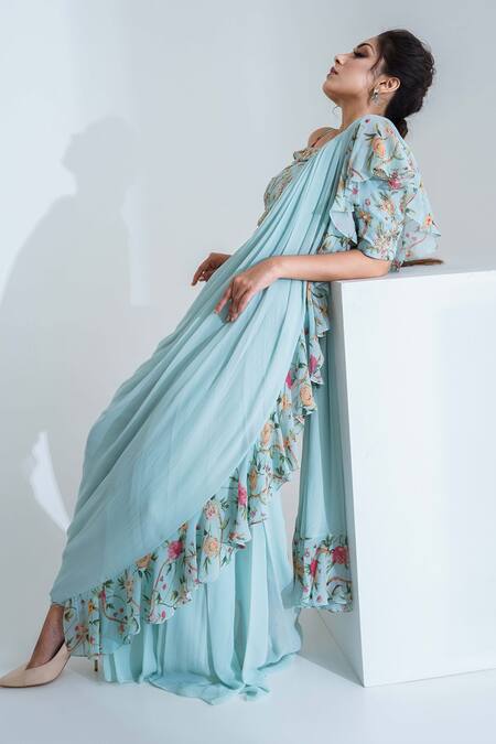 Buy Suruchi Parakh Blue Georgette Lining Shantoon Cutdana, Floral Print, Pre-draped Saree Set Online at Aza Fashions Buy_Suruchi Parakh_Blue Georgette Lining Shantoon Cutdana, Floral Print, Pre-draped Saree Set_Online_at_Aza_Fashions