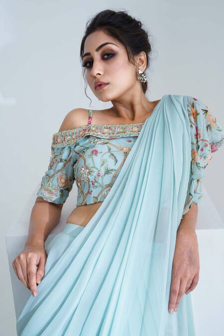 Shop Suruchi Parakh Blue Georgette Lining Shantoon Cutdana, Floral Print, Pre-draped Saree Set Online at Aza Fashions Shop_Suruchi Parakh_Blue Georgette Lining Shantoon Cutdana, Floral Print, Pre-draped Saree Set_Online_at_Aza_Fashions