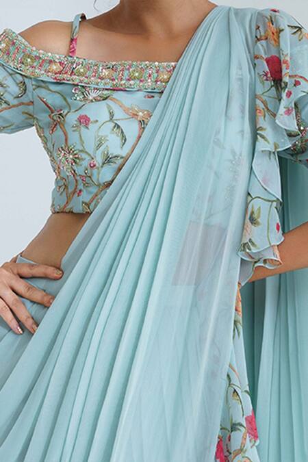 Suruchi Parakh Blue Georgette Lining Shantoon Cutdana, Floral Print, Pre-draped Saree Set at Aza Fashions Suruchi Parakh_Blue Georgette Lining Shantoon Cutdana, Floral Print, Pre-draped Saree Set_at_Aza_Fashions